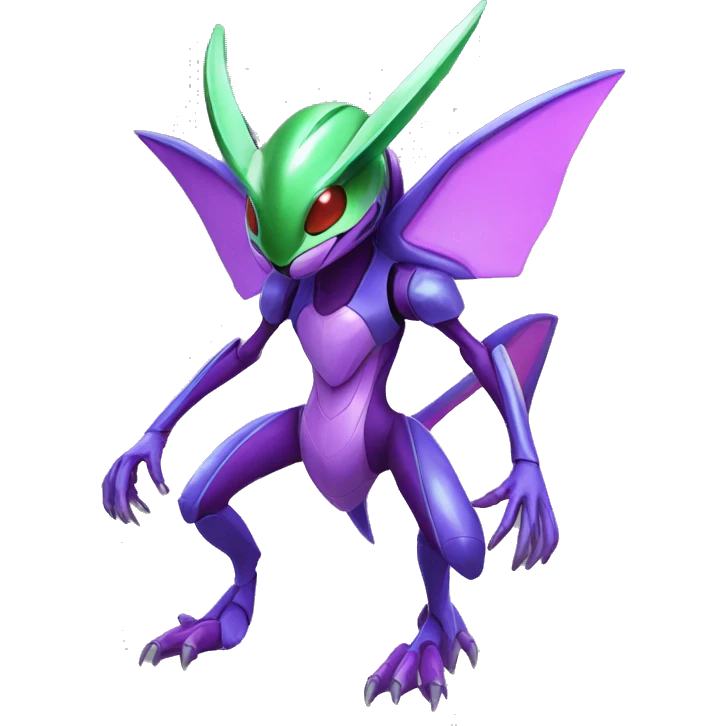 a shiny purple Genesect-Flygon-Raptor-Fakémon—hybrid with a futuristic visor-helmet full body emoji