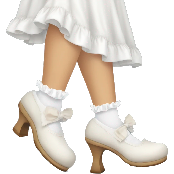 two white legs with white frilly socks and soft white brown marry jane woman shoes  emoji