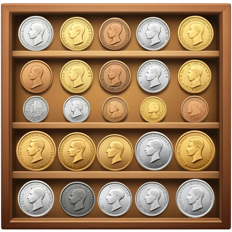 Icon for Coin Collecting: a collection of various vintage and modern coins, neatly arranged in a display case or on a table. The icon should highlight the diversity and historical value of coin collecting. Transparent background. emoji