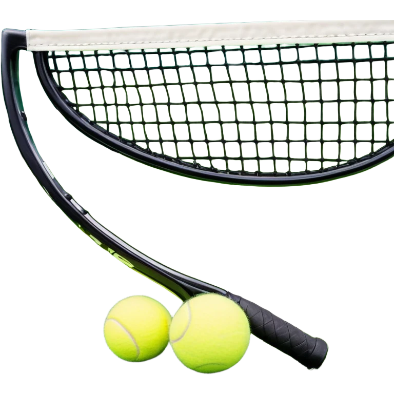 A tennis racket and ball positioned on a grass court, with the net and lines clearly visible in the background. The scene emphasizes the classic elements of the sport, capturing the energy and precision of a tennis match. emoji