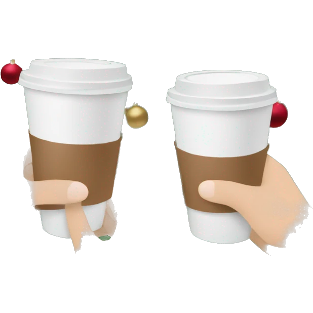 two hands holding paper coffee cups on a photo of a Christmas tree emoji