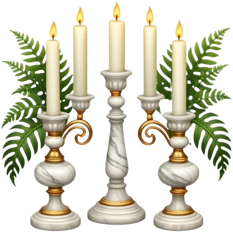 Aesthetic scenic beautiful gorgeous pretty elegant sparkly shiny scene of Candles white and with flowers and marble pedestals and lush vines and ferns emoji