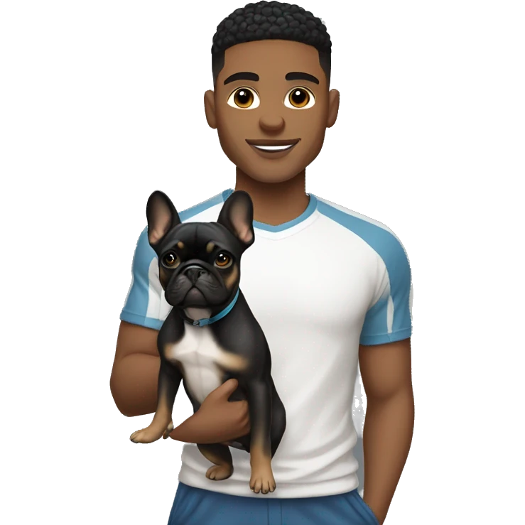 athletic light skin male with short black fade hairstyle holding a french bulldog emoji