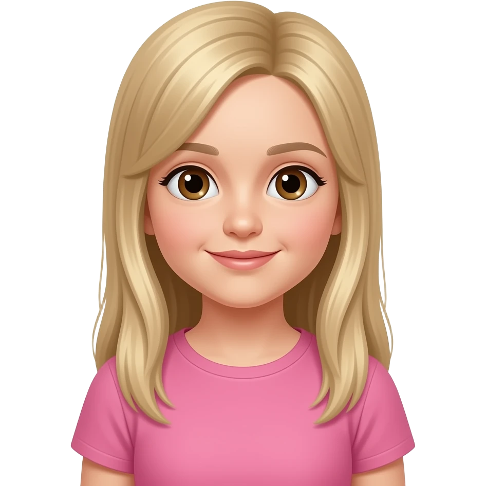 Stunning little 4 year old girl long blonde straight hair no bangs brown eyes pink tshirt emoji