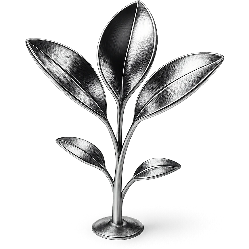 chrome style plant with three metallic petals emerging from the ground, highly reflective and polished emoji