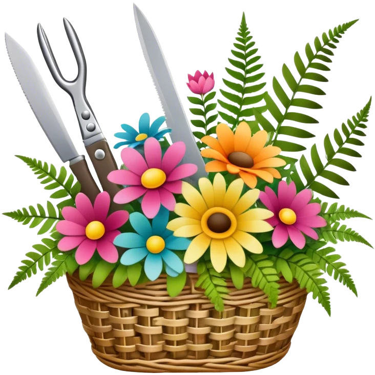 Icon for Floristry: a woven basket with flowers, reeds, ferns, bright ribbons and a small plush toy. Add big garden scissors and knife above. The icon should represent creativity in flower arrangement and decorative design. Transparent background. emoji