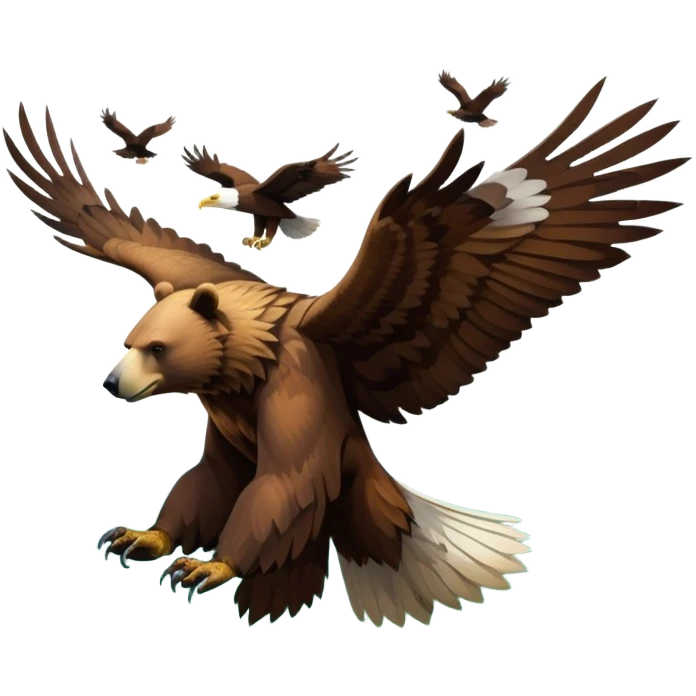Collage of wild animals: a majestic bear in a lush green forest, a soaring eagle in the sky. A vibrant and detailed nature scene, capturing the beauty of wildlife. Transparent background. emoji