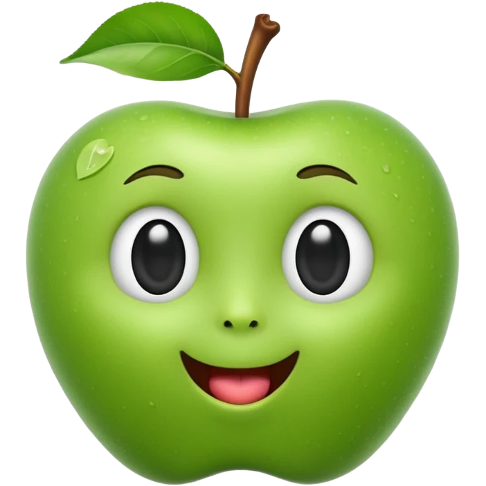 3D iOS-style emoji of a green apple with a cute human face: glossy, soft shading, big black eyes, tiny nose, open mouth with tongue, stem and leaf on top, white background emoji