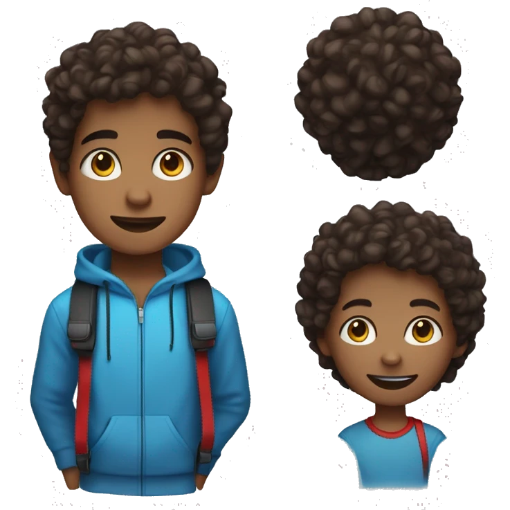 a young boy with headphones red and blue an dark brown curly hair and brown eyes and an small hoop eaing emoji