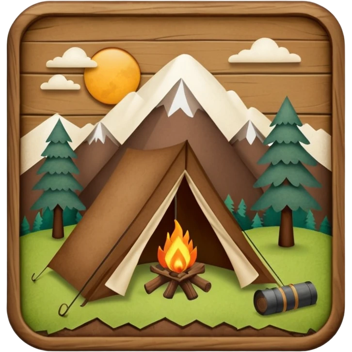 Wooden Camping sign made of felt texture, scrapbooking style, transparent background emoji