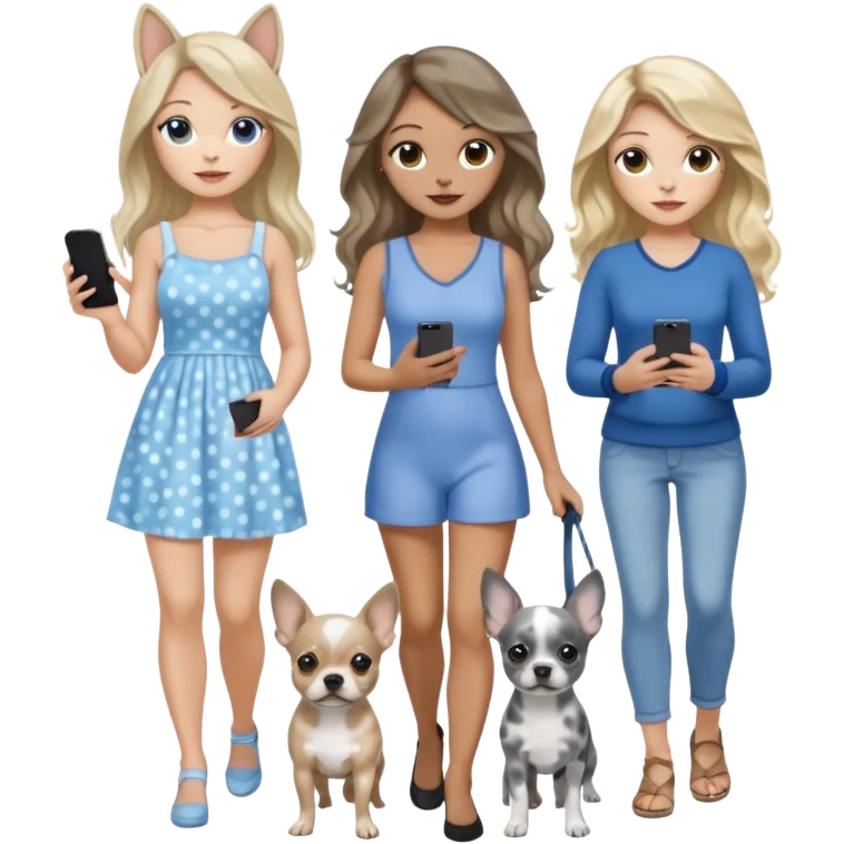 Three pretty women in beach clothes one walking a blue and gray spotted Merle Frenchie, one walking a black with tan chihuahua puppy, one holding iPhone, hazel eyed light skin with dark blonde long hair and light light skin hazel eyed long wavy brown hair, blue eyed light skin long blonde hair  emoji