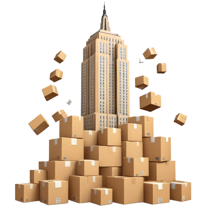 Empire State Building with plain boxes tumbling down, dynamic, fun emoji
