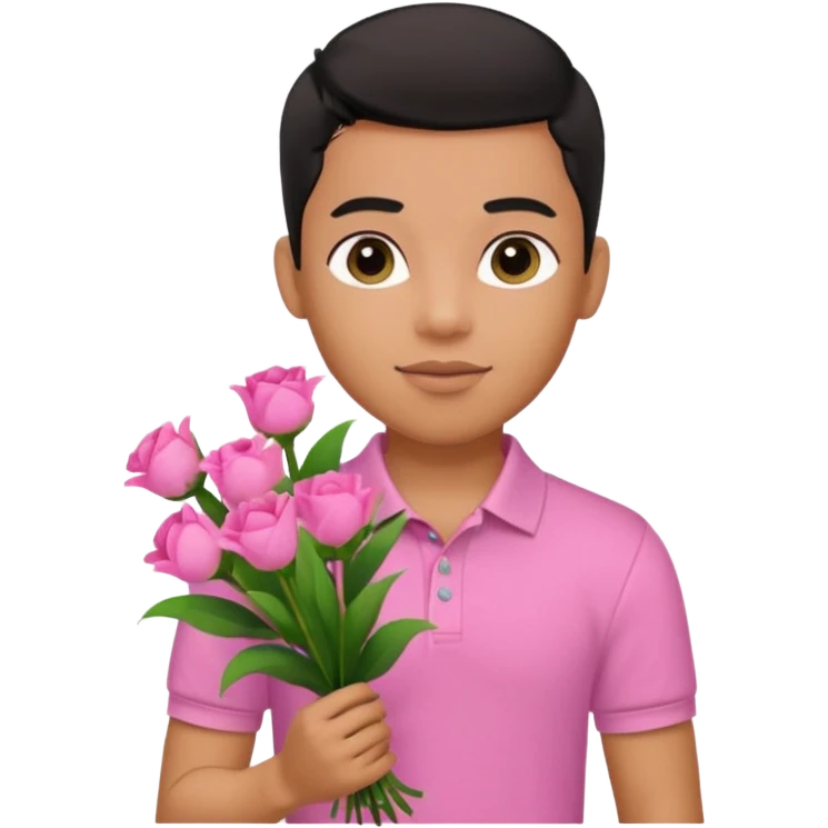 generate a pretty bratz boy wearing a pink polo shirt. Black middle part hair. handsome carrying flowers emoji
