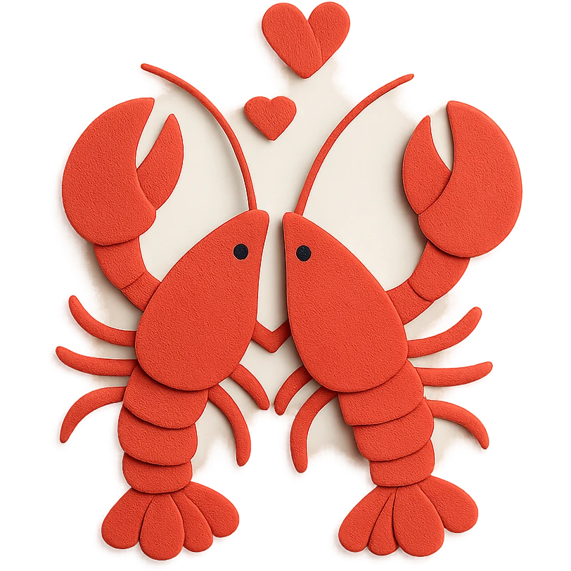 lobsters in love with layered paper look and hearts, paper craft style emoji