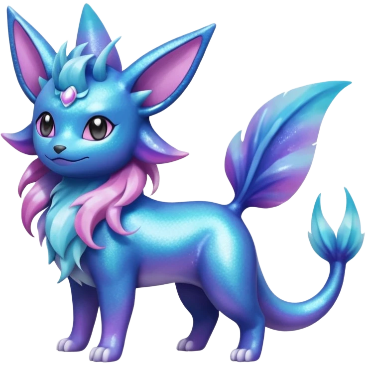 Magical pastel iridescent scaley blue-cyan-indigo-purple-violet-pink-gradients nebula shiny glittery Suicune-Vaporeon-Primarina-Amaura-Pokémon-Fakémon-fusion, full body emoji