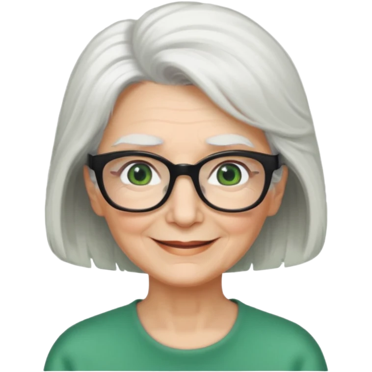White hair grandma, green eyes, hair to shoulder, lokeg black glasses, rectangles face, smile , emoji