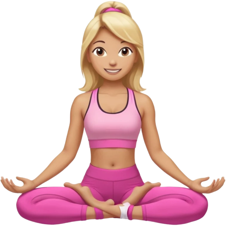 Mujer color de piel moreno claro con cabello rubio, usando un top rosa deportivo y leggins deportivo rosa en una pose de yoga, viendo hacia enfrente con ojos negros y sonriendo sin mostrar los dientes emoji