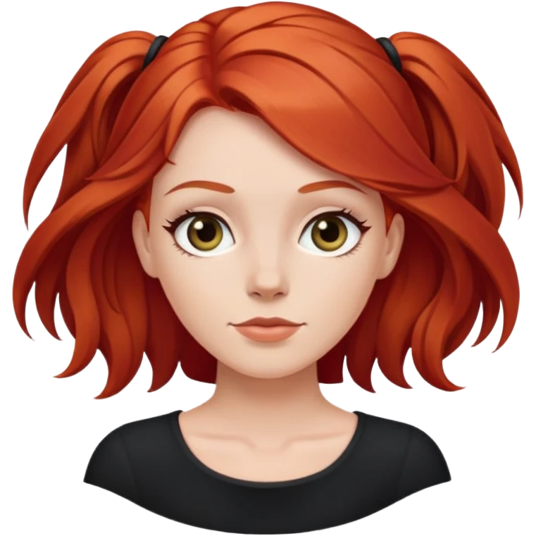 White girl with medium length red hair no bangs, wearing black emoji