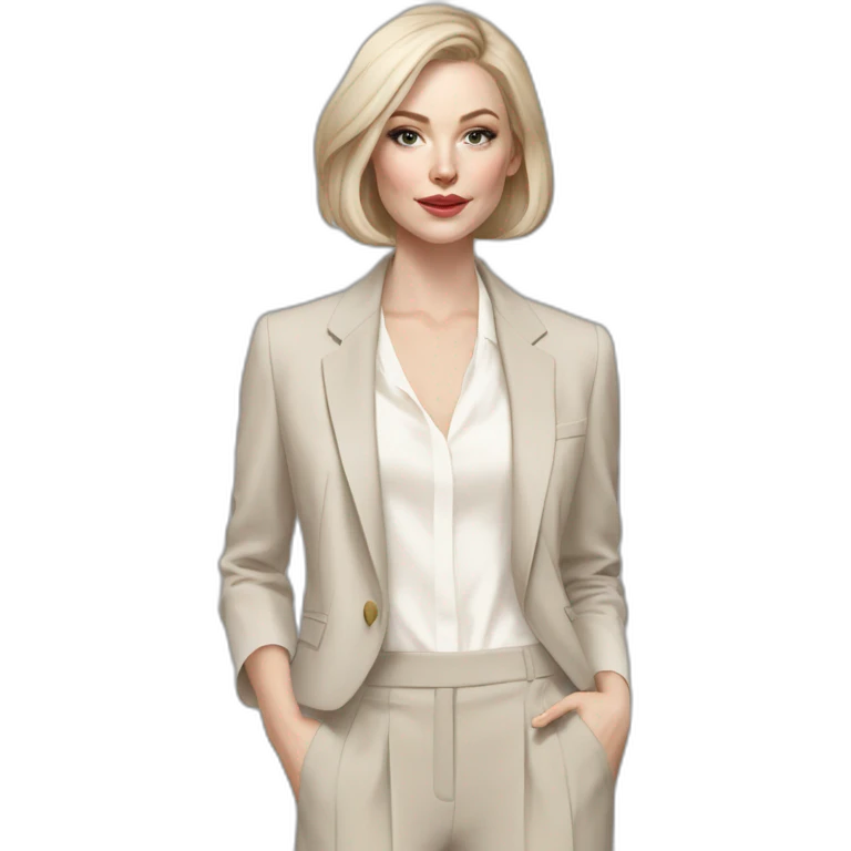 pale skin woman with ash blonde Straightened bob Hair, White Spacious classical jacket, beige palazzo Arrow pants and gray blouse holding a color palettes in the hands emoji
