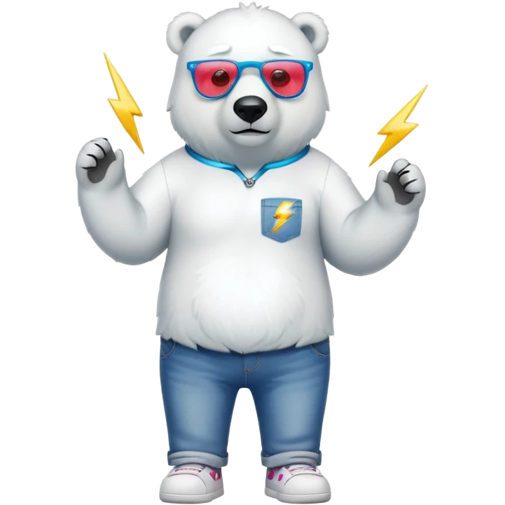 friendly anthropomorphised polar bear standing upright, looking chilled and unbothered, wearing a shirt, jeans, trainers, and lightning bolt-shaped colorful glasses emoji