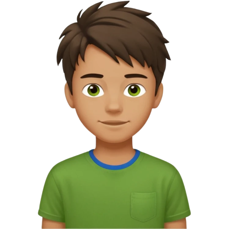 A 14 yerar old teenage boy, tanned, wearing a green t-shirt , blue jeans and green sneakers with dark brown tousled hair, smirking emoji