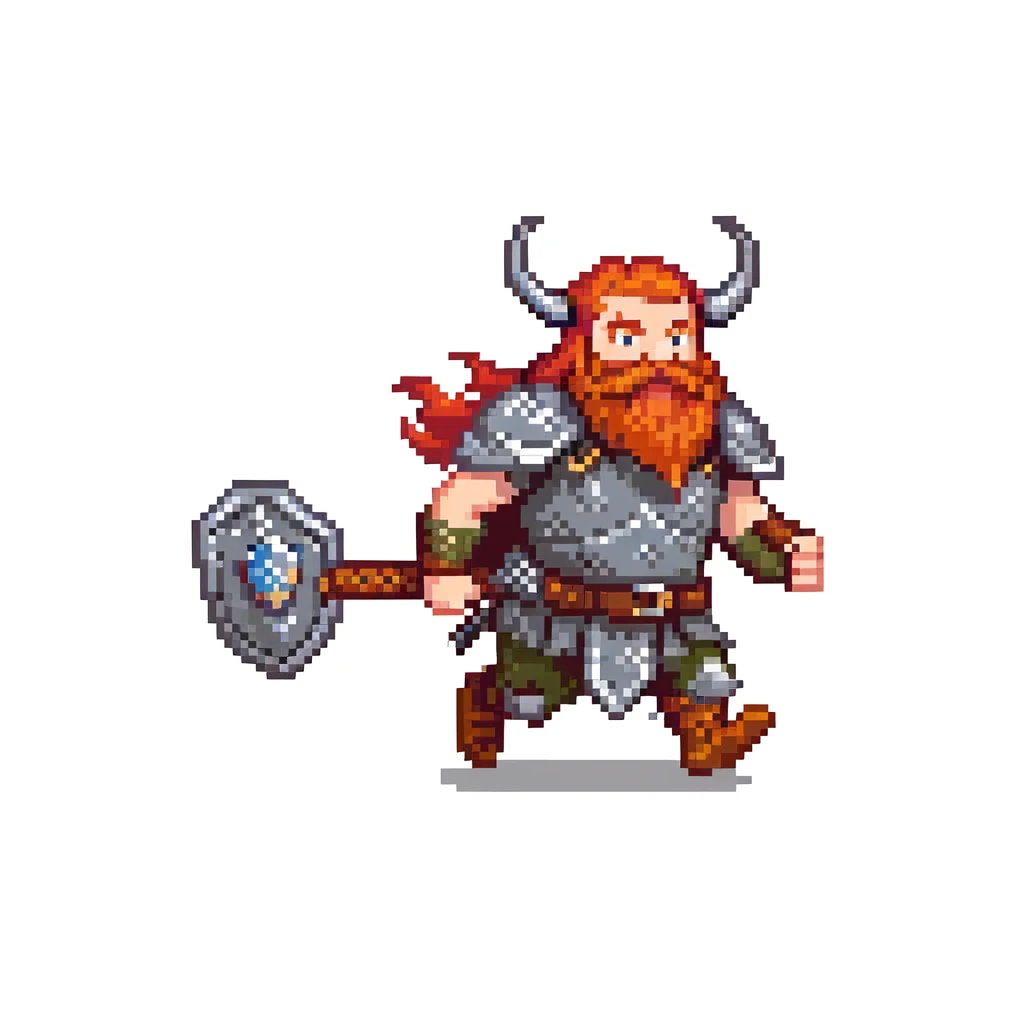 pixel art ginger viking with red beard and armor, running animation frame 1, legs wide apart emoji