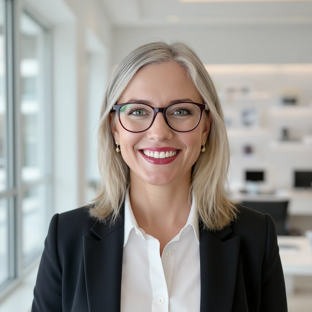 "Medium shot:2", Cinematic still of a smiling european white woman with glasses smiling, minimalistic ophthalmologist interior in background, leading  lines, rule of thirds emoji