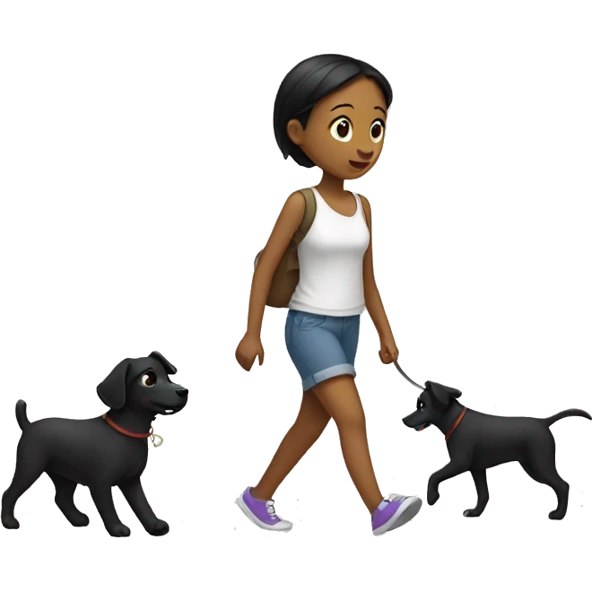 Girl walk with a black dog with white Chest emoji