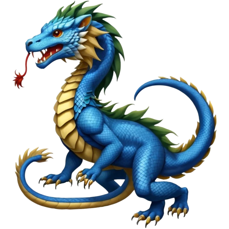Mušḫuššu, mythic hybrid, blue or turquoise dragon-snake body, lion mane, lion forelegs, eagle talons for hind legs, head half dragon half lion, lizard tail, snake tongue, no wings, ancient and regal emoji