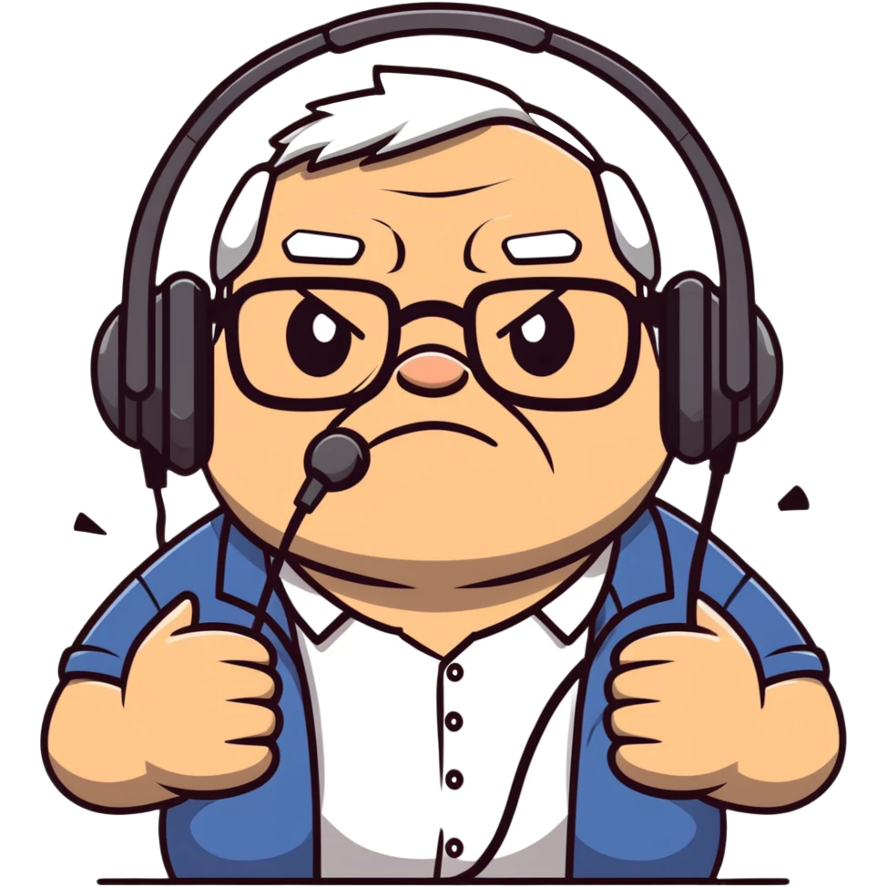 Brown old man with medium white hair, wearing glasses and headphones, looking surprised and angry, no facial hair, chubby, looking to the upper left corner emoji