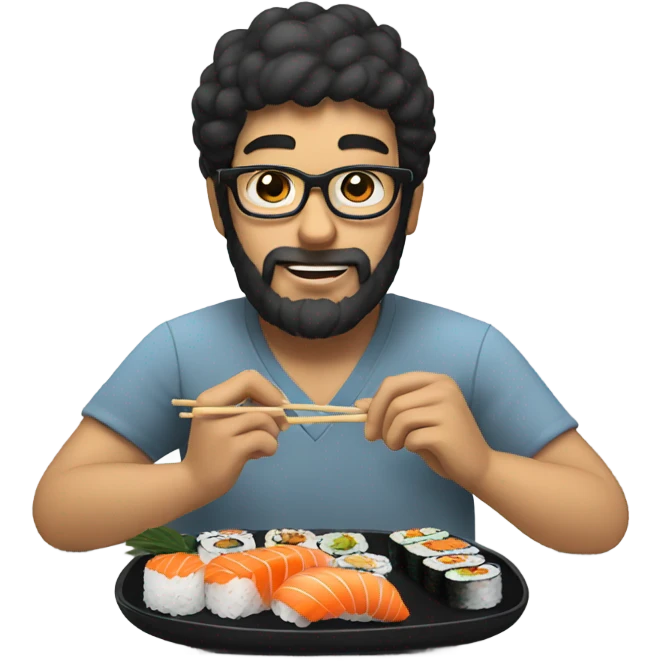 Guy wih beard and blak hear and glasses eating sushi  emoji