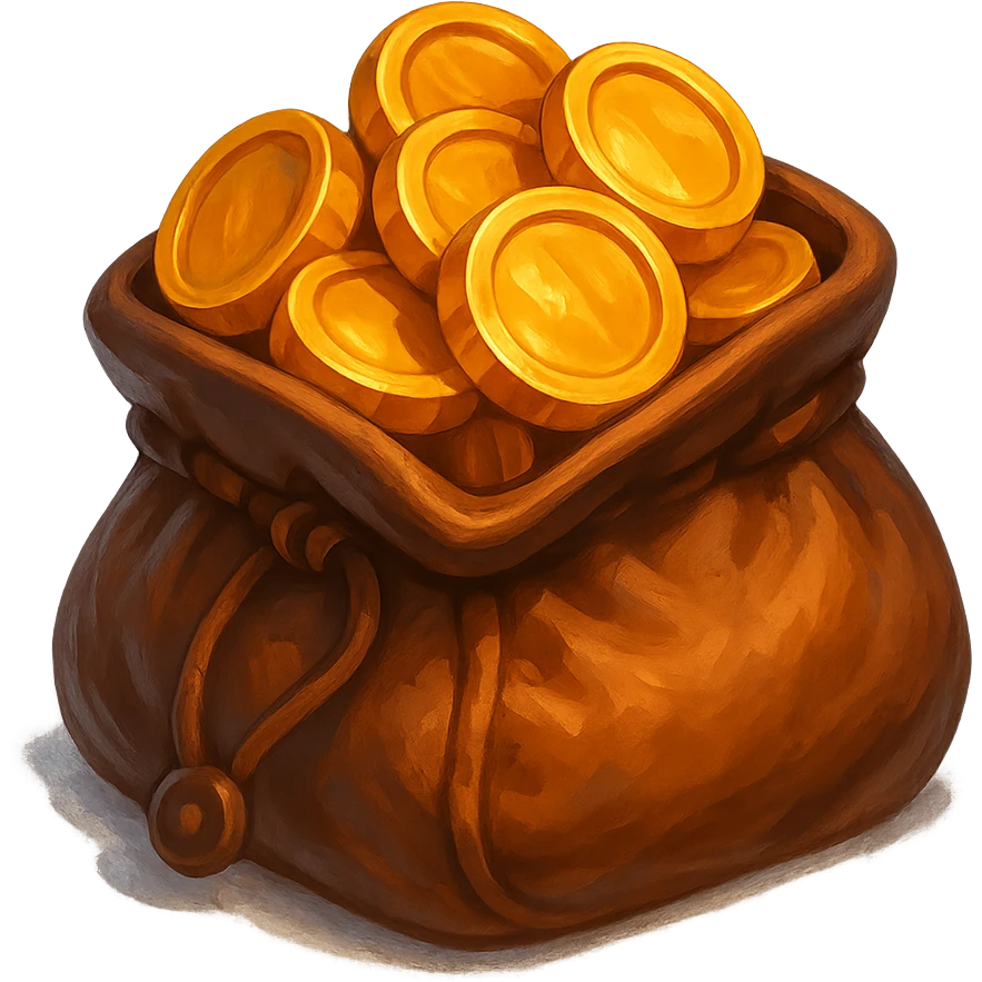 В cлегка рисованной, но при этом объемной и яркой стилистике сгенерируй картинку кожаного кошелька, из которого торчат золотые монеты. Они должны выглядеть не как пластмассовые, а как настоящее золото. Прозрачный фон emoji