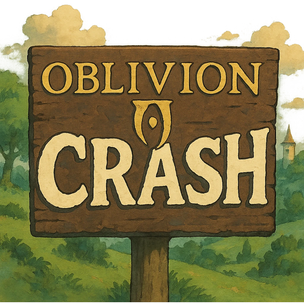 Oblivion logo in fantasy style with the word 'crash' across the front, ghibli style illustration emoji