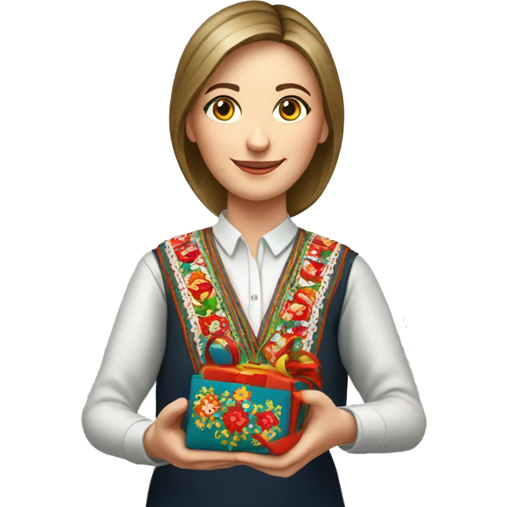 A female teacher in Ukrainian embroidery holds a gift in her hand emoji