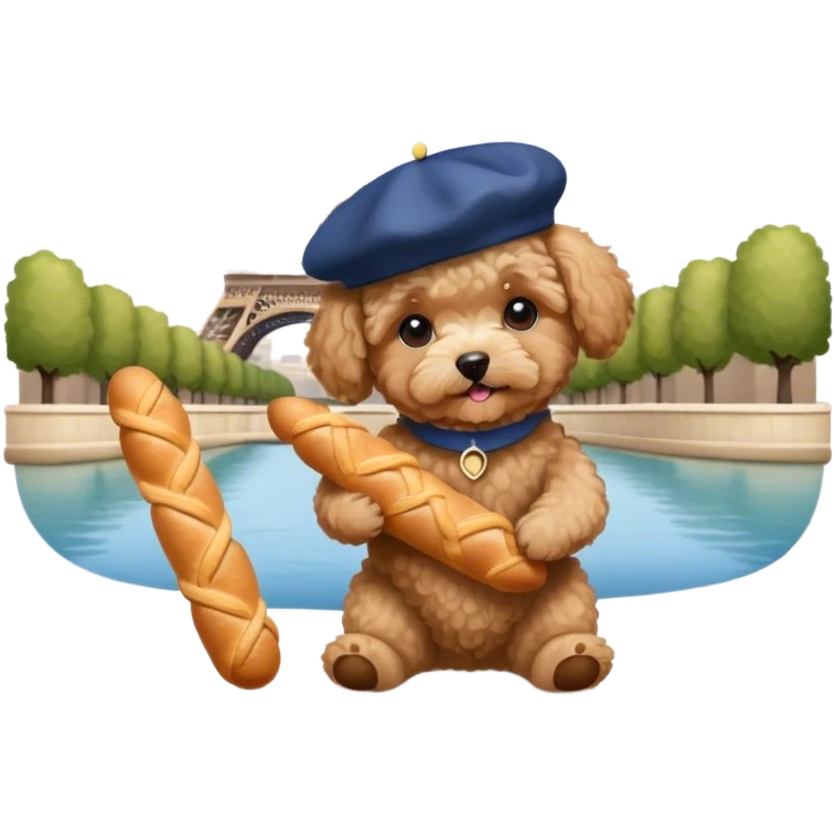 Tan maltipoo wearing a beret in Paris holding a baguette by the Eiffel Tower  emoji