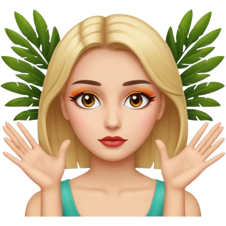 Girl with makeup on with palms facing eachother on each side of the face  emoji