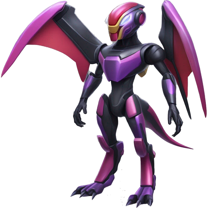 a shiny metallic black-purple-red-yellow Genesect-Flygon-Raptor-Fakémon-Medabot-hybrid with a futuristic visor-helmet full body emoji