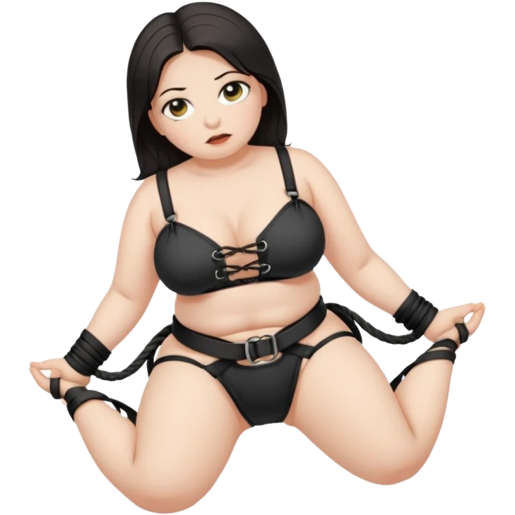 Submissive woman in hogtied bondage; full body. White skin, chubby, halflong dark hair, hazel eyes. emoji