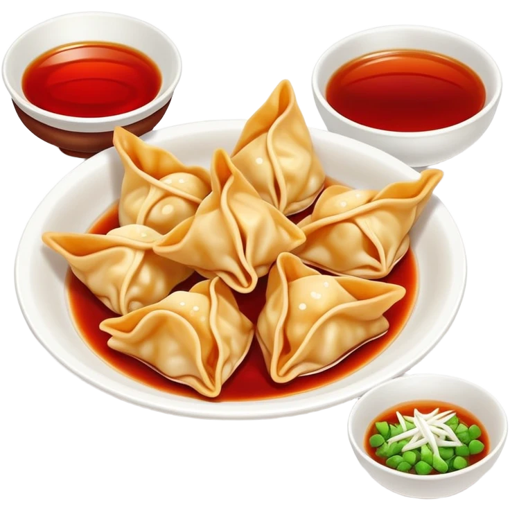 Chengdu Long Chaoshou wonton with red oil sauce on top, simplified emoji style with bold outlines and bright colors, cartoon style Sichuan style wontons emoji