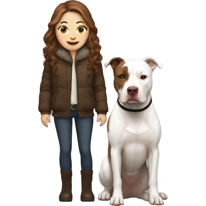 white woman with long brown hair in a furry jacket standing alongside a white pitbull emoji