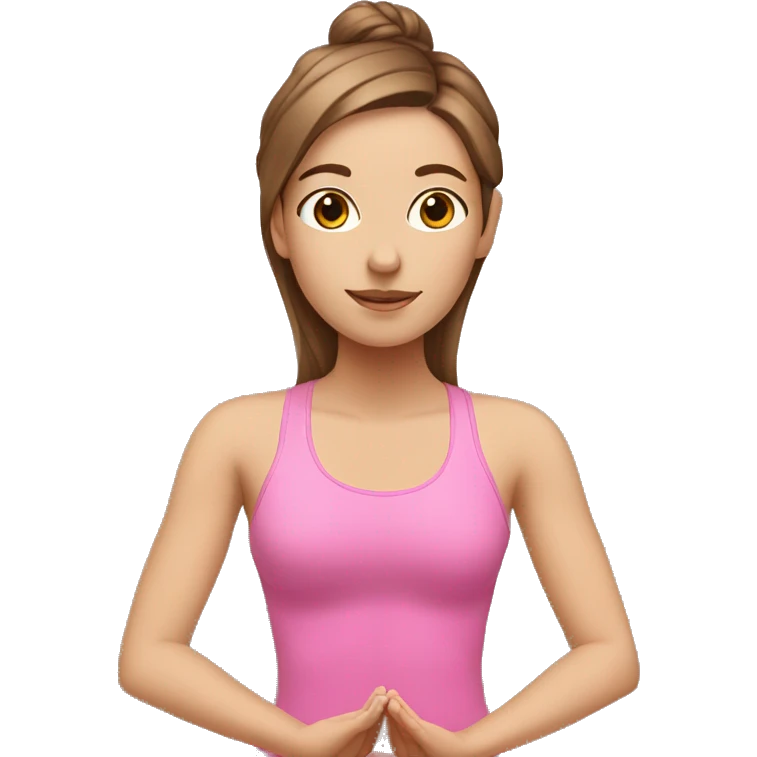 White skin brown hair doing yoga wearing pink emoji