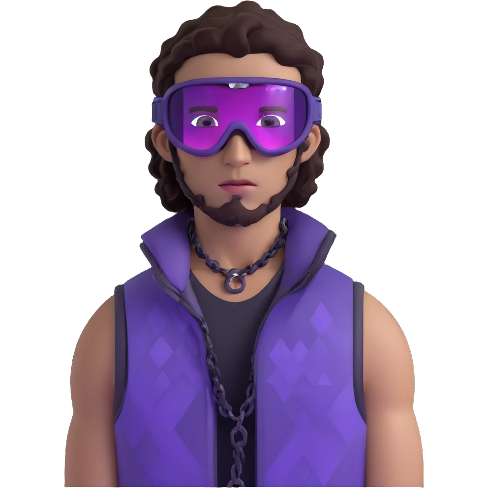 close-up of bad guy male athlete with white skin and moderately curly dark brown hair on top with shaved sides, wearing ski goggles with purple frames and very dark black lenses, a simple plain black chain necklace, and a completely unzipped sleeveless vest with purple and black sequin fire pattern design with no logo, with an extremely arrogant sneer on his face, looking menacing and villainous, exuding overconfidence and a threatening aura emoji