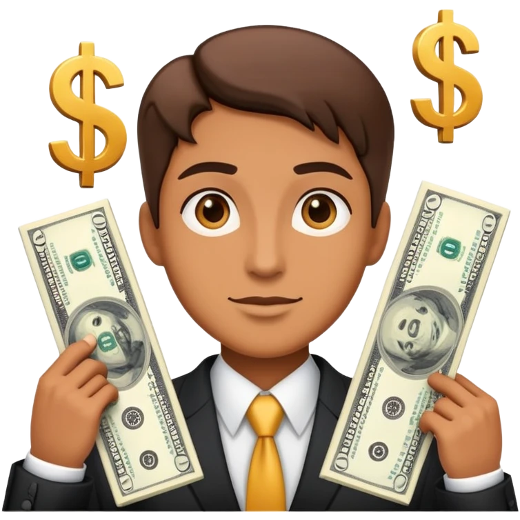 business person with dollar signs and sales chart going up emoji