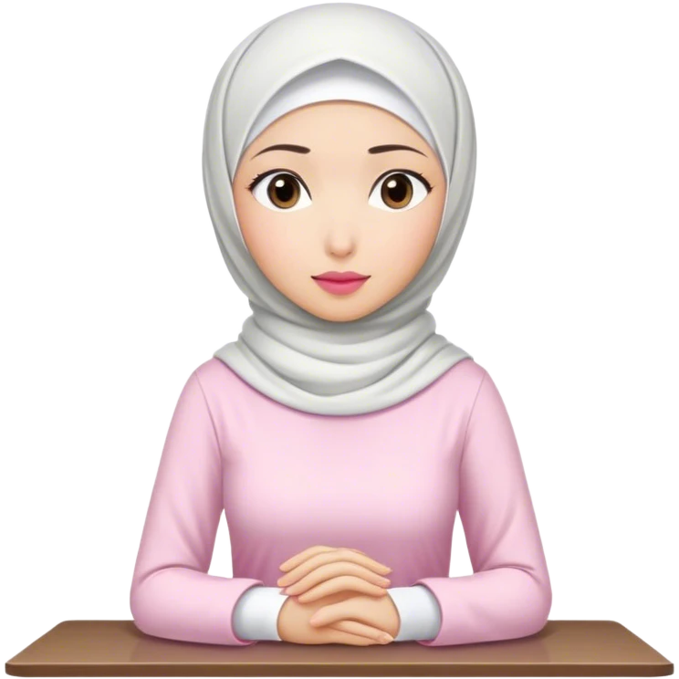 A white Asian woman, white hijab women are listening with her hands folded on the table. her lips is pink. her outfit & hijab color is white emoji