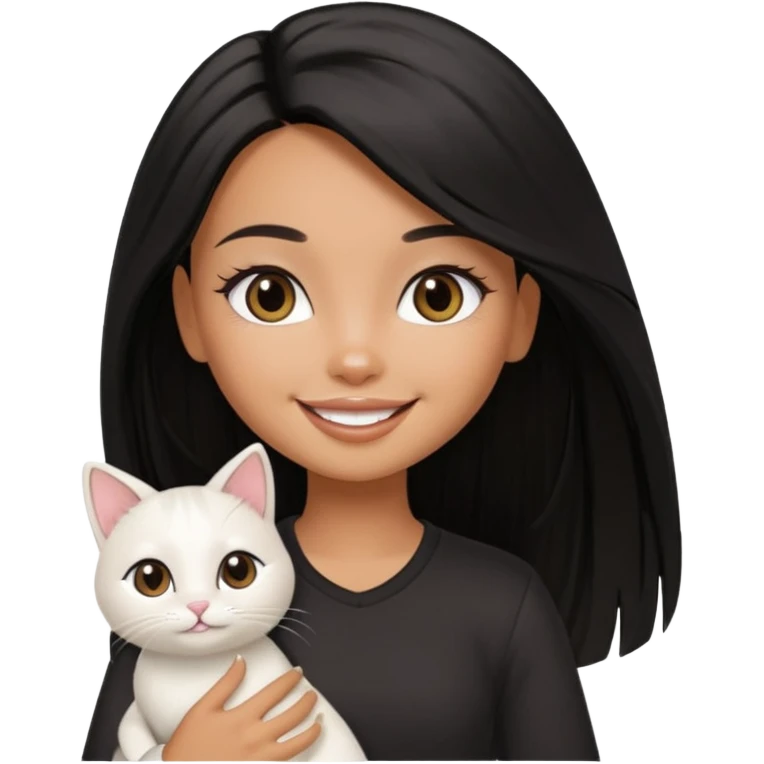 a pretty tan bratz girl with black long straight hair smiling and holding a white cat\ emoji