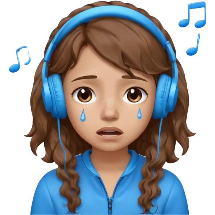 A crying girl with wavy hair listening to music with blue headphones emoji