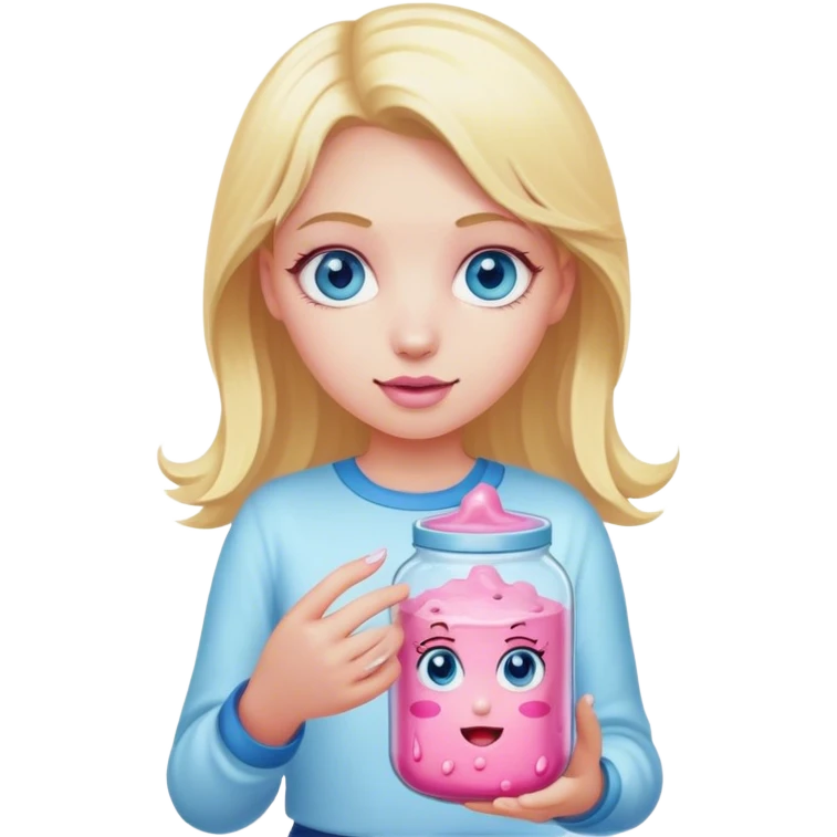 Blonde girl with blue eyes holding jar of pink slime emoji