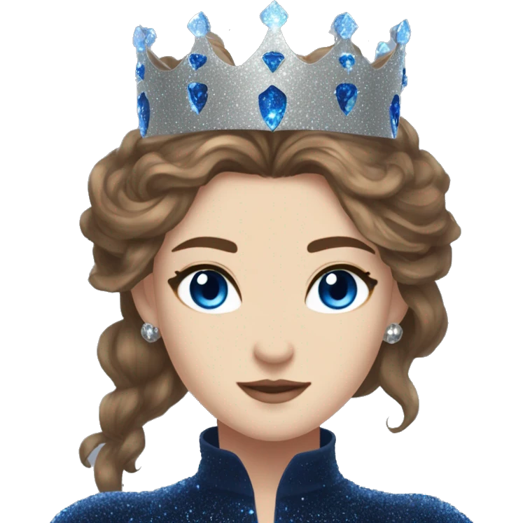 Feyre has brown hair with bright blue eyes and a silver crown on top of her head. She wears a dark blue glitter dress  emoji