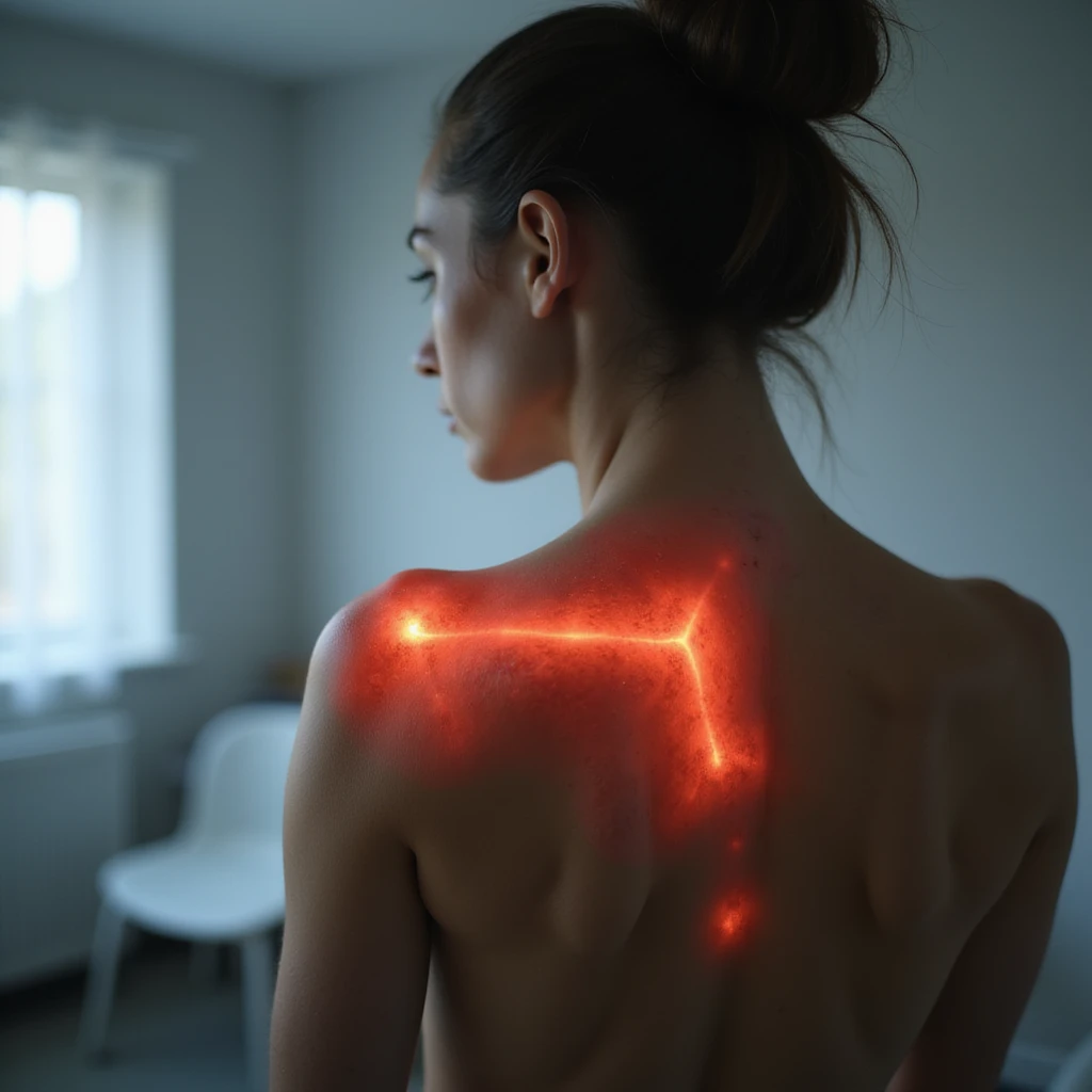 hyperrealistic 4K image of a woman seen from behind with inflamed shoulder blades, red skin above and between the shoulder blades, clinical environment, variant 7 with slightly changed arm and shoulder position emoji