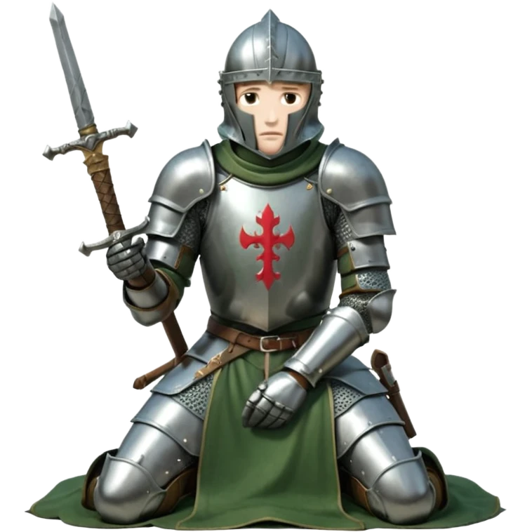 A lone medieval knight in a green worn armor kneels. His helmet is closed, hiding his face, conveying silence, exhaustion and contemplation. A long sword is planted in the ground beside him, its hilt resting near his gloved hands as if he is praying or resting after battle. emoji